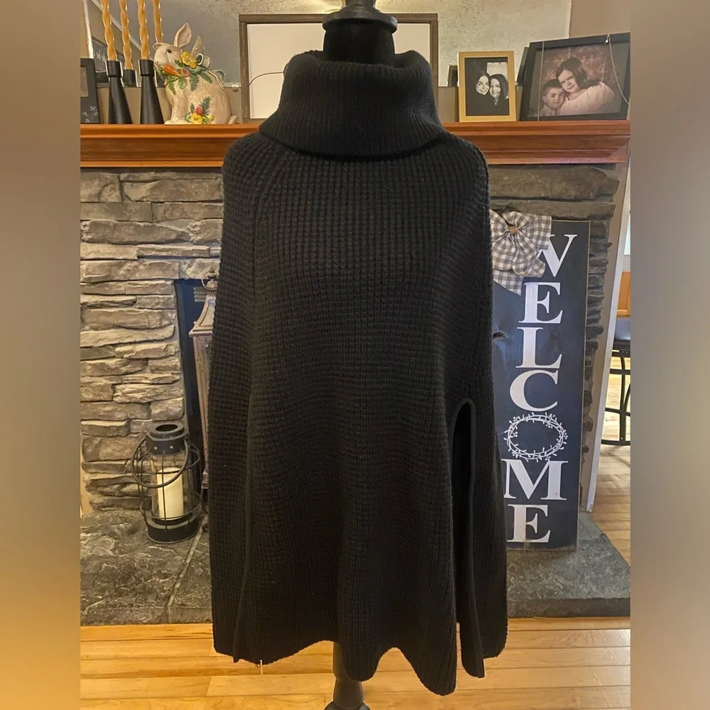 Lauren Ralph Lauren Black Wool Blend Turtleneck Poncho Sweater